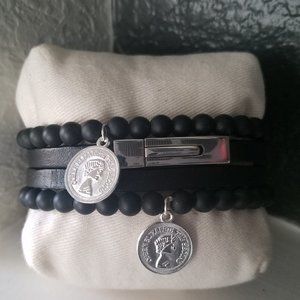 Black & Silver Leather Beaded Braclet Set of 3